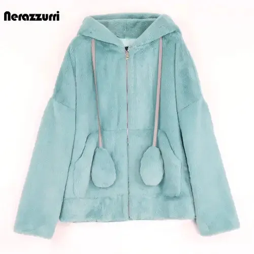 Nerazzurri Spring fluffy jacket with rabbit ears raglan sleeve zipper