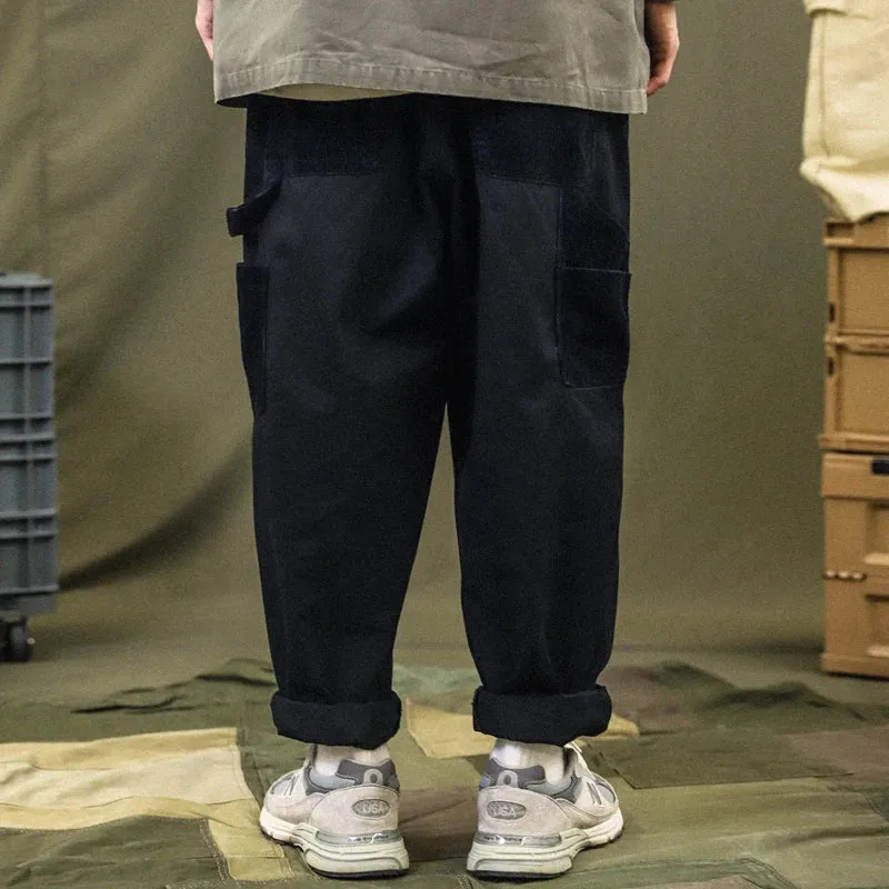 Patchwork Cargo Pants Men Corduroy Contrast Stitch Trousers - Loose Casual Pants