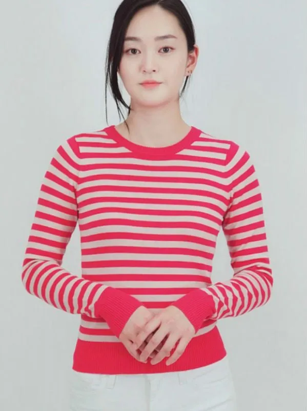 Pink Striped Crew Neck Sweater