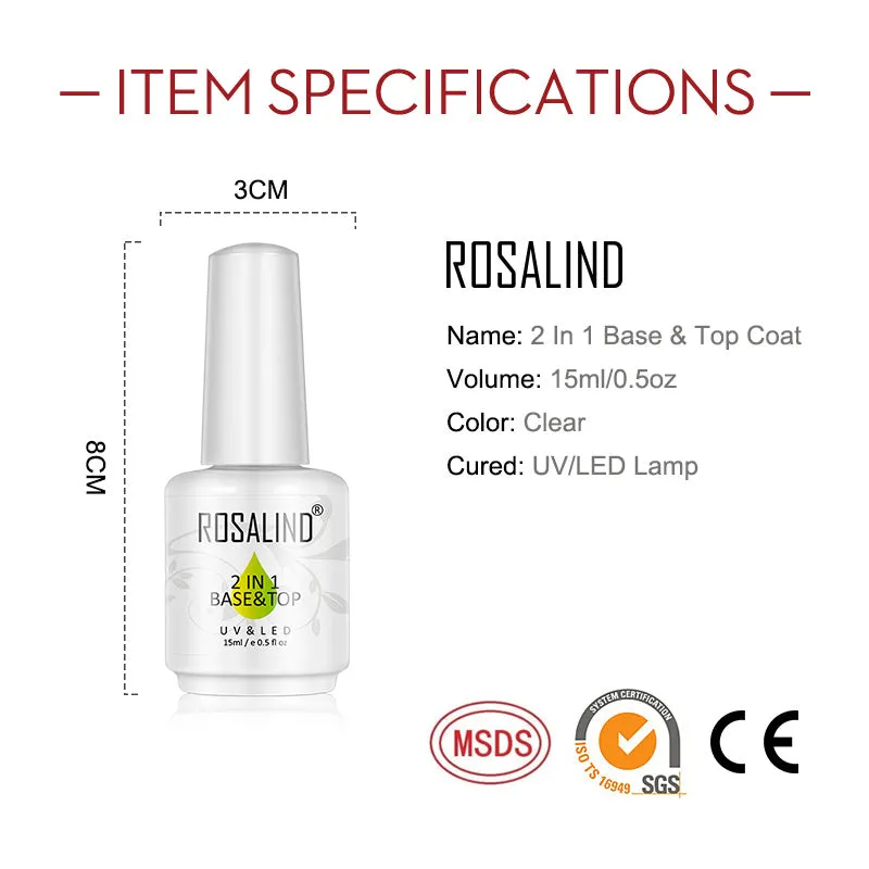 ROSALIND 2 In 1 Base And Top Coat Gel Bright For Nail Art Design LED/UV Lamp