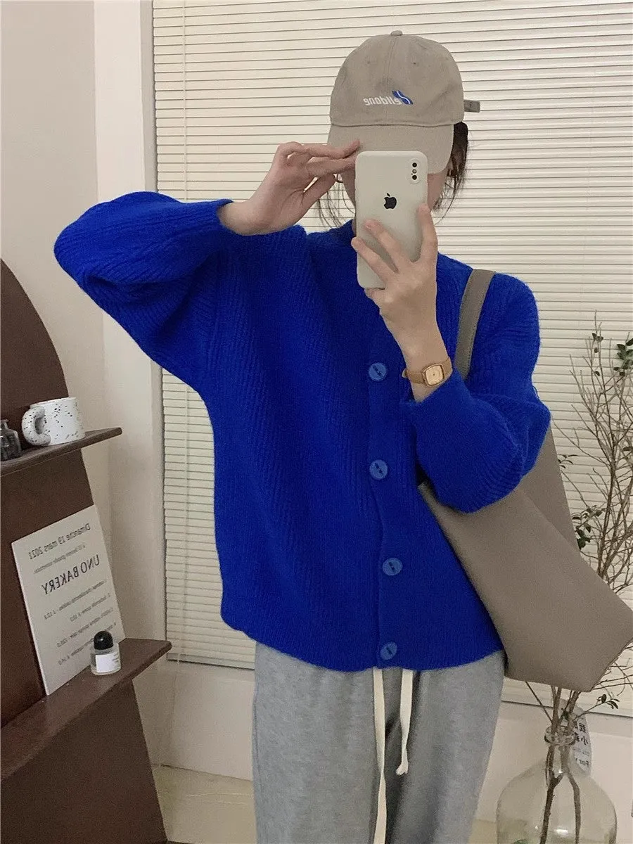 round neck solid color knitted cardigan for women autumn retro soft waxy loose warm sweater jacket      S3378