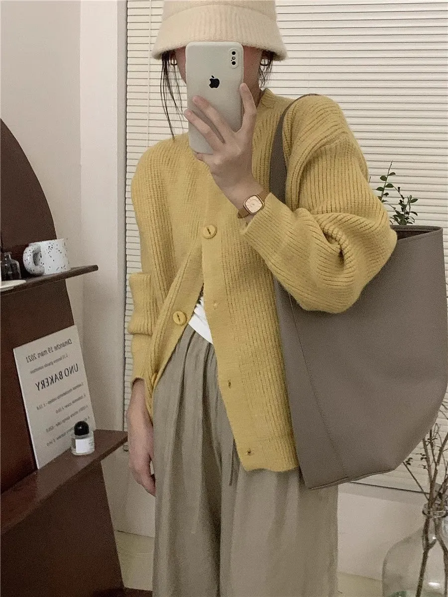 round neck solid color knitted cardigan for women autumn retro soft waxy loose warm sweater jacket      S3378