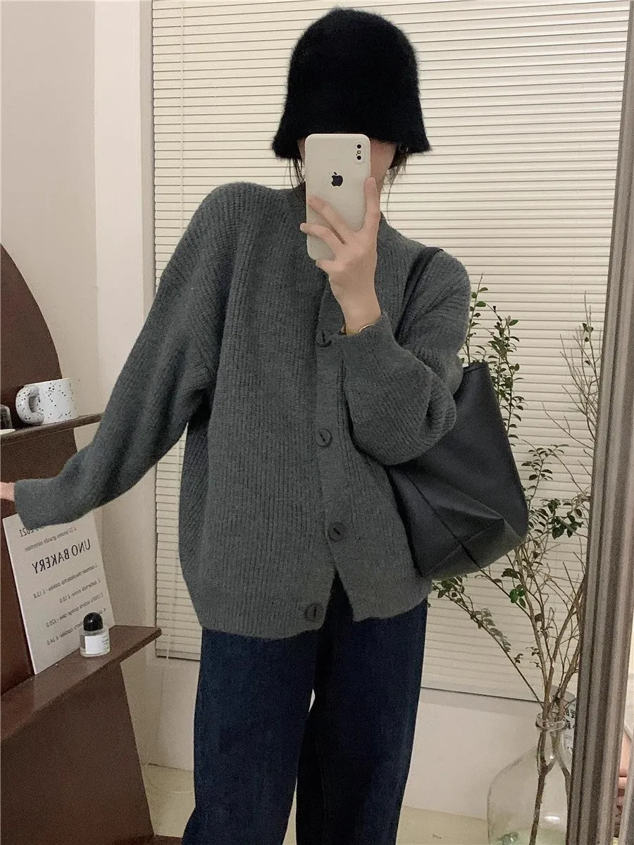 round neck solid color knitted cardigan for women autumn retro soft waxy loose warm sweater jacket      S3378