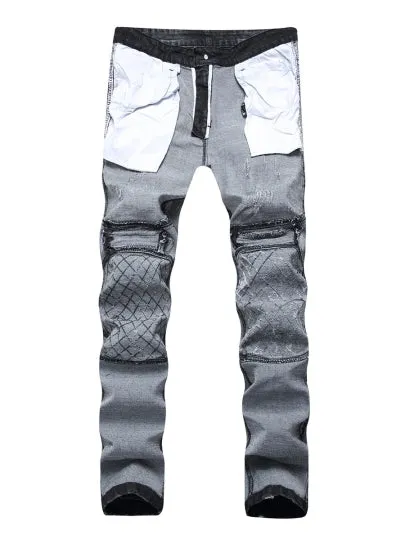 Slim Fit Men's Fashion Jeans Mid Waist Elastic Zipper Printed