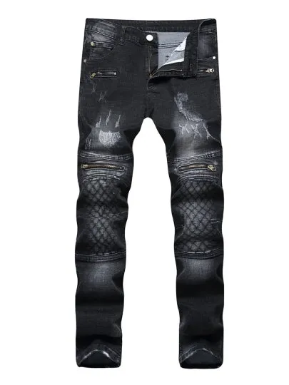 Slim Fit Men's Fashion Jeans Mid Waist Elastic Zipper Printed