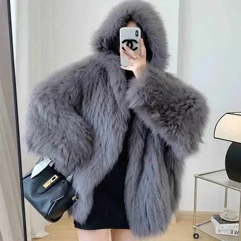 Trendy Hooded Faux Fox Fur Coats super Warm Winter Furry Jacket Women