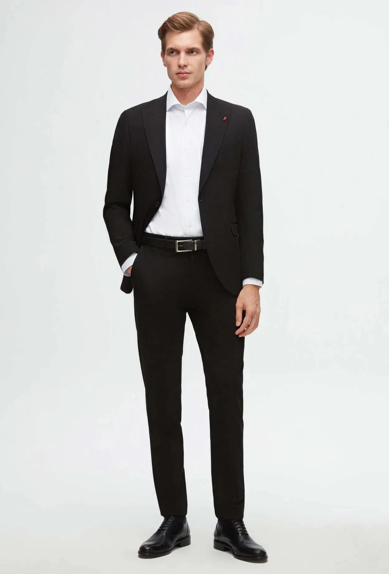 Twn Slim Fit Black Plain Pointed Collar Viscose Suit