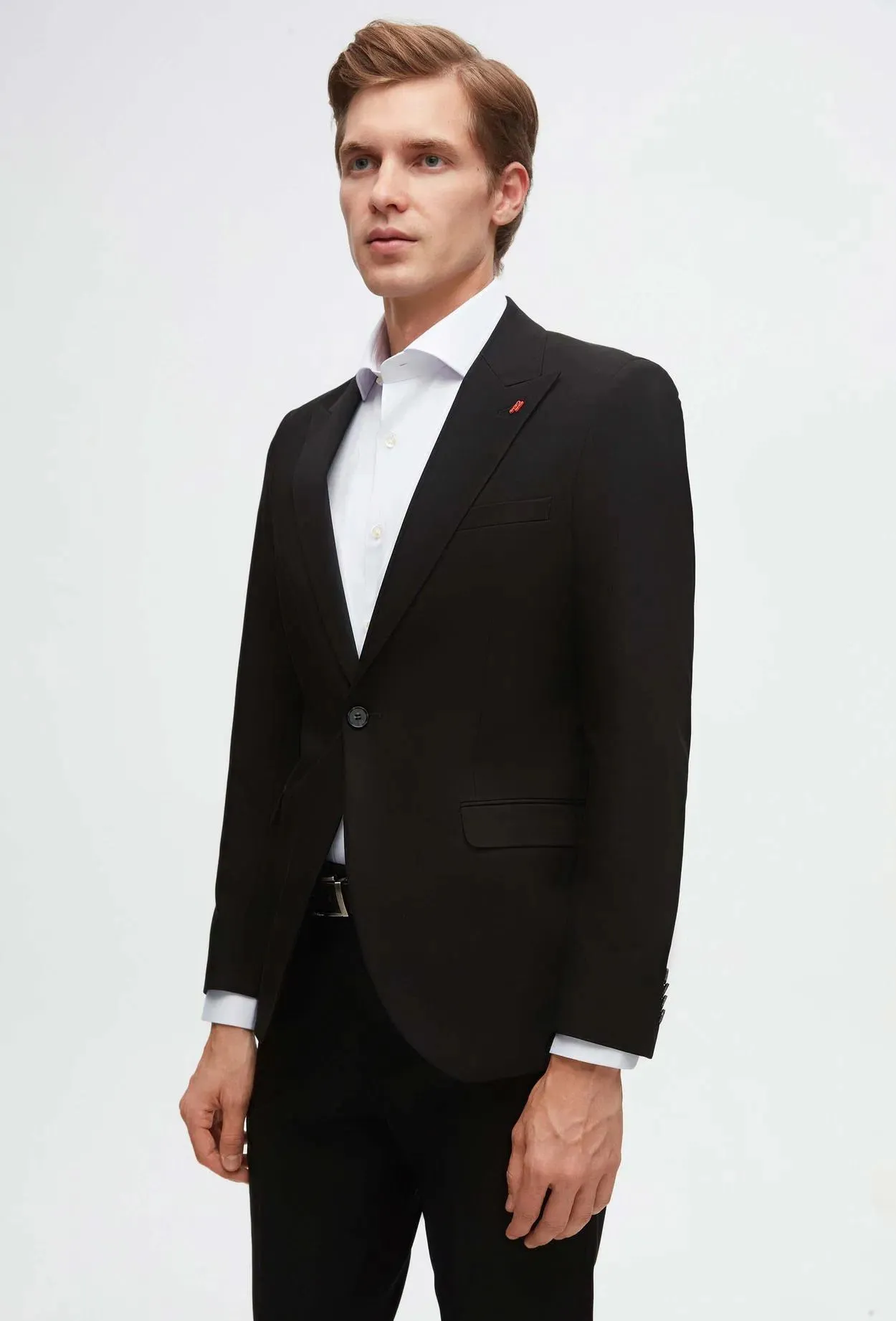 Twn Slim Fit Black Plain Pointed Collar Viscose Suit