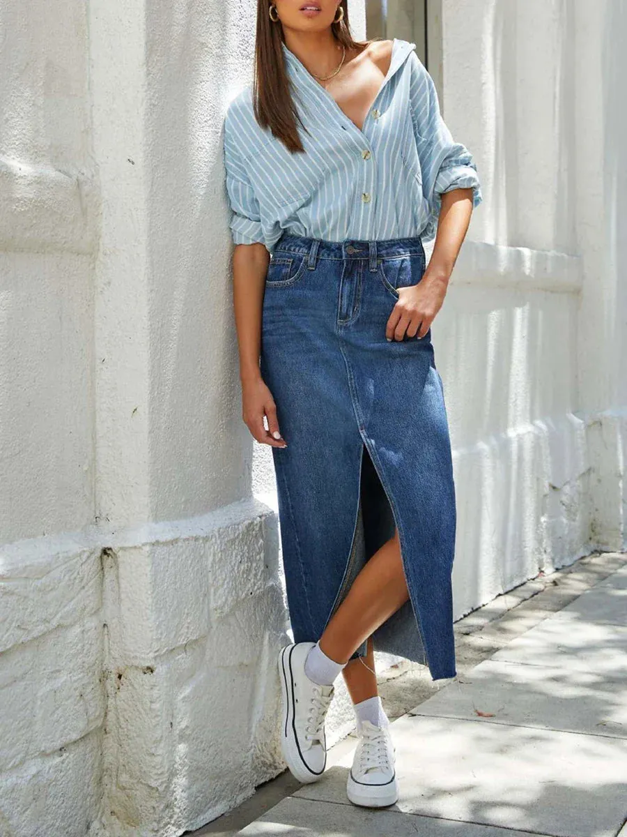 Waist Long Denim Elegant Slit Raw Hem A-Line Summer Casual Midi Jean with Pockets High Skirt