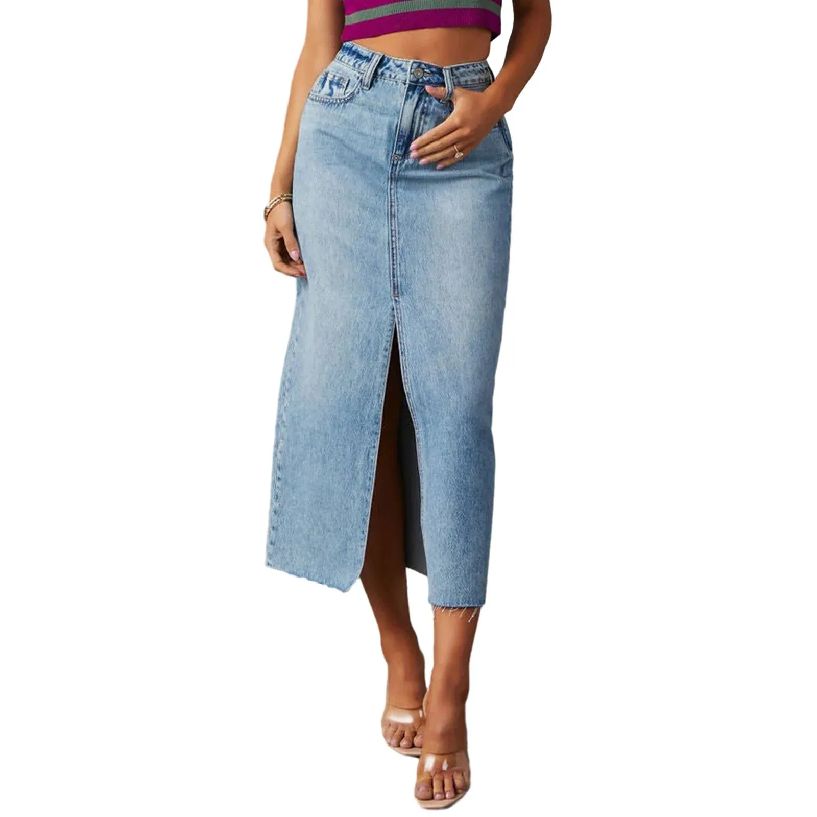 Waist Long Denim Elegant Slit Raw Hem A-Line Summer Casual Midi Jean with Pockets High Skirt