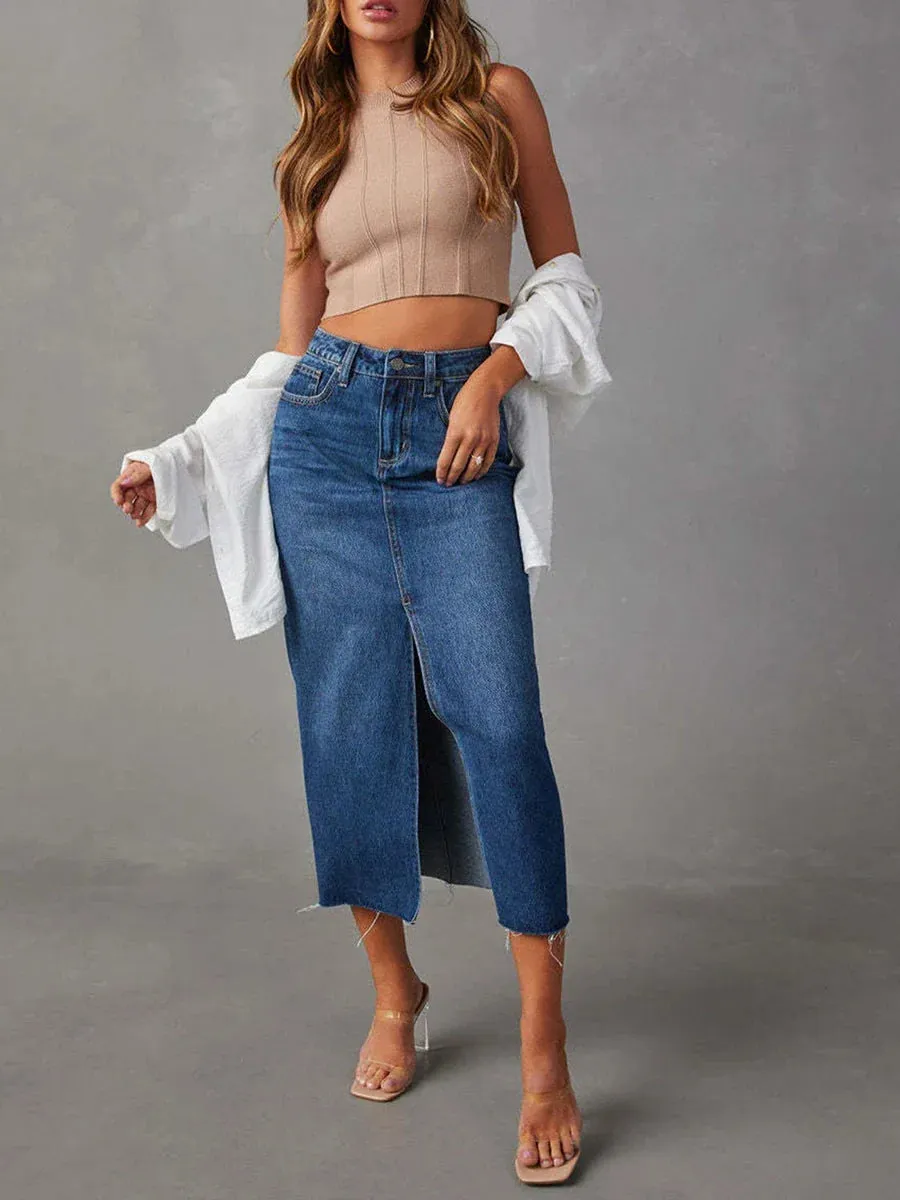 Waist Long Denim Elegant Slit Raw Hem A-Line Summer Casual Midi Jean with Pockets High Skirt