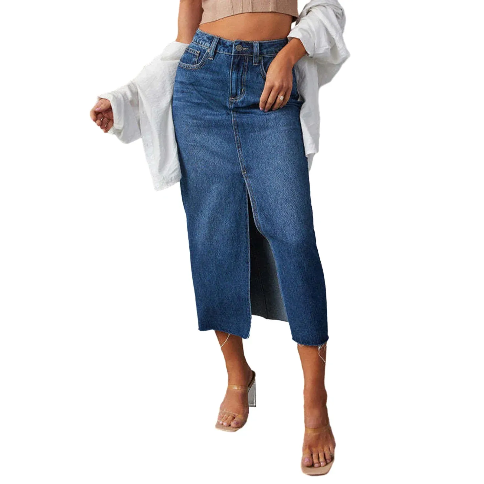 Waist Long Denim Elegant Slit Raw Hem A-Line Summer Casual Midi Jean with Pockets High Skirt