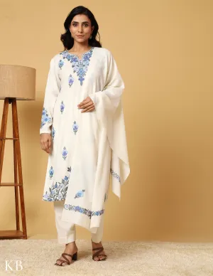 White Aari Embroidered Woolen Suit with Stole