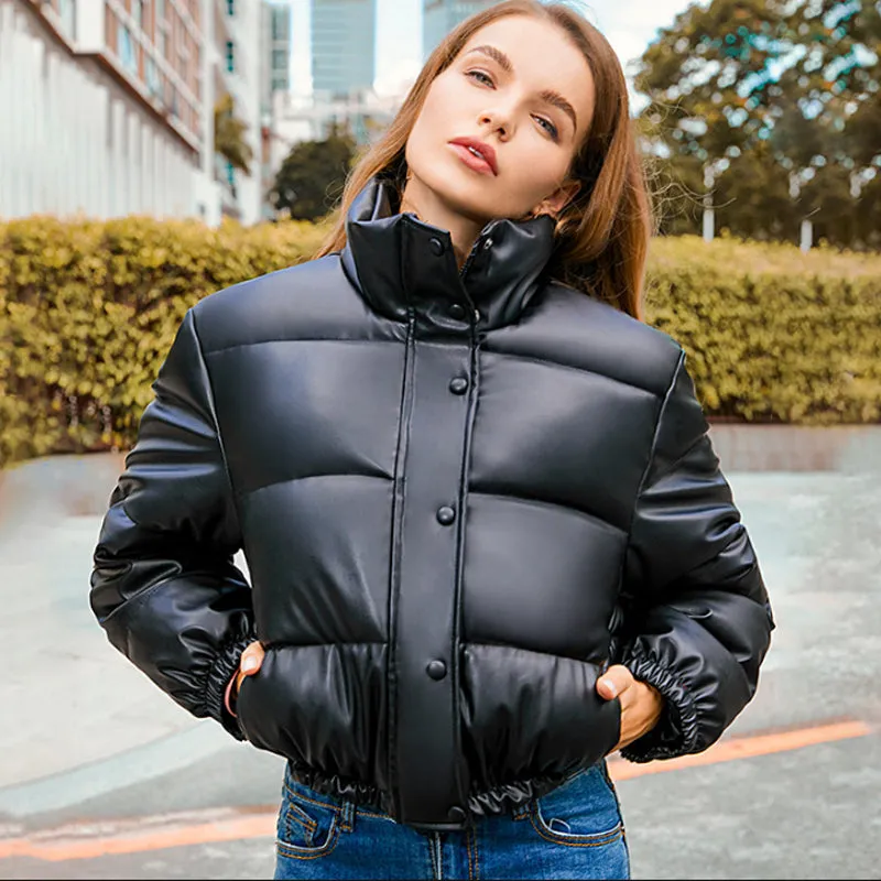 Winter Warm Thick PU Leather Coats Women's Short Parkas Fashion Black Cotton Padded Down Jacket With Elegant Zipper