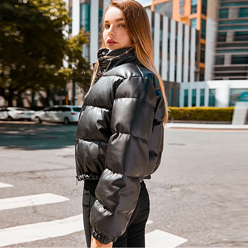 Winter Warm Thick PU Leather Coats Women's Short Parkas Fashion Black Cotton Padded Down Jacket With Elegant Zipper